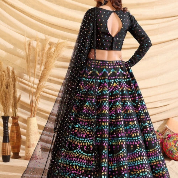 Rubber Printed Taffeta Silk Lehenga in Black - Picture 2 of 4